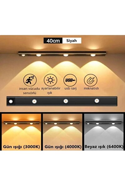Cata SENSÖRLÜ ŞARJLI DOLAP LAMBASI 40 CM 3200K-4000K-6400K