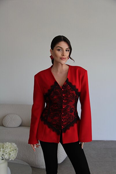Julidress Red Lace Detailed V-Neck Design Premium Blazer Jacket