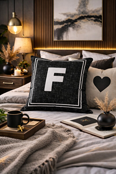 SasoHome Lettered Cushion Cover - Letter F - Decorative Digital Printed Cushi...