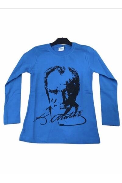 Genel Markalar 18 Mart, ,29 Ekim Mavi Uzun Kollu Penye Tişort Atatürk Okul Gö...