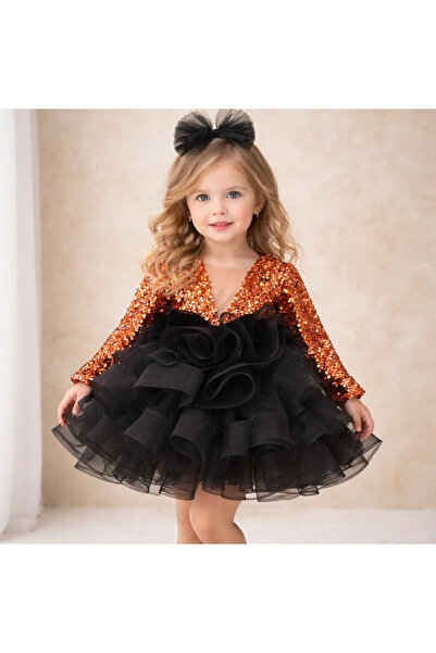 ELLUSSİ Tarçın Payetli Kadife Ekstra Kabarık Önden Üçgen Dekolteli Elbise