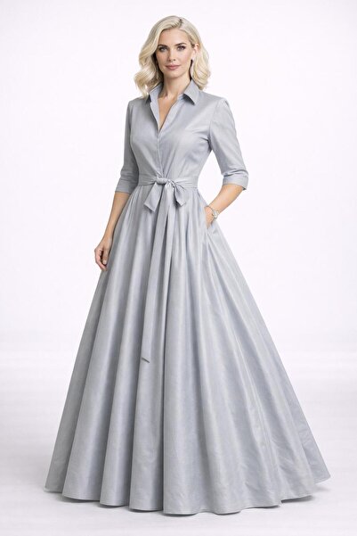 ALYEL NAKER Truvakar Kollu & Tam Daire Açılımlı Maxi Boy Şık Tafta Gömlek Elbise