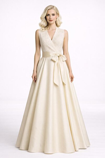 ALYEL NAKER Kruvaze Kapamalı & Dantel Detaylı Maxi Krem Elbise