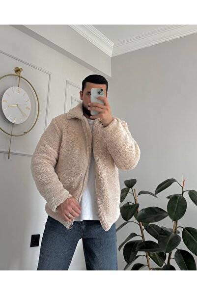 ONUR ERBİL MODA Erkek Bej Fermuarlı Tedy Yünlü Mont