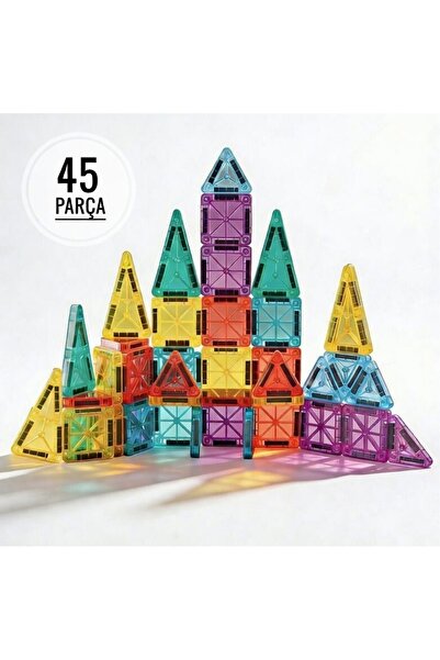 PURE & GLOW HOME Manyetik Yapı Blokları (Mini) - 45 Parça Renkli 3 Boyutlu Ma...