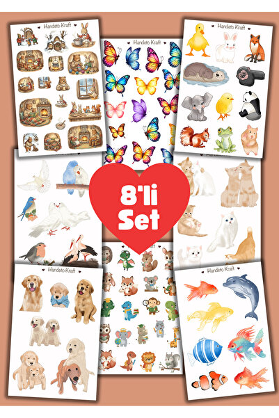 Handeto Kraft Hayvan ve Kahve çoklu Sticker, 8li sticker, 8x12 cm, çıkartma, ...