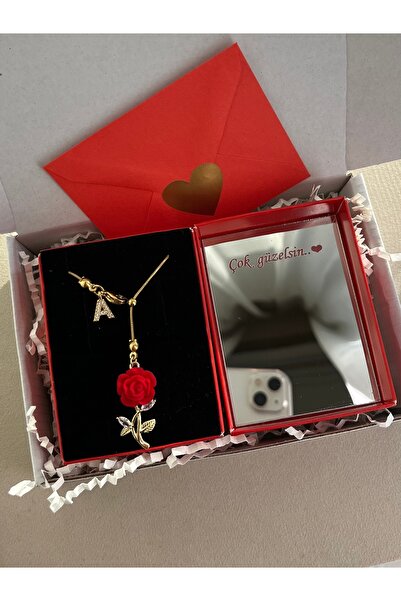 RAREE Aynalı kutuda kırmızı gül ve zirkon harfli çelik asansörlü y kolye hedi...