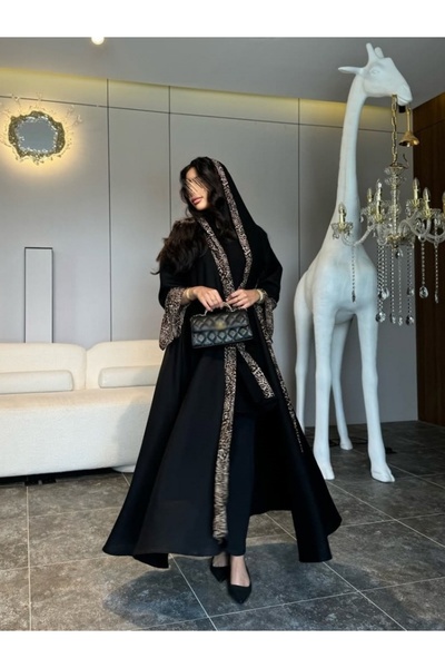 Noon Noora Leopard Print Patchwork Fashion Abaya with Headscarf Two-piece Set