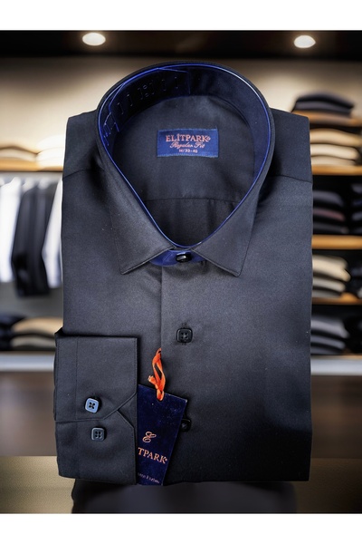 elitpark Heritage Düz Renk Pamuklu Siyah Slim Fit Erkek Gömlek