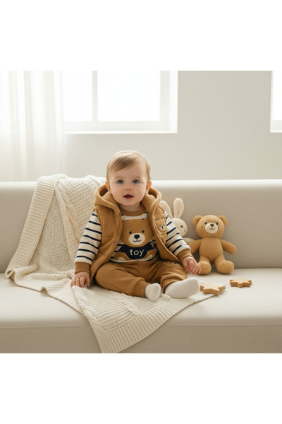 Pure Boutique Set bebelusi cu ursulet cu vesta si hanorac – 3 piese