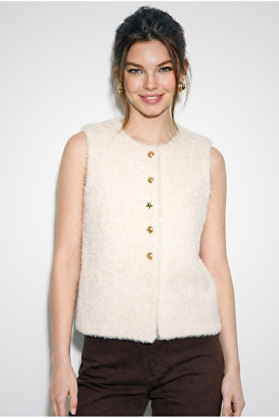 Bianco Lucci Vestă căptușită cu textura moale pentru femei, cu detaliu de nas...