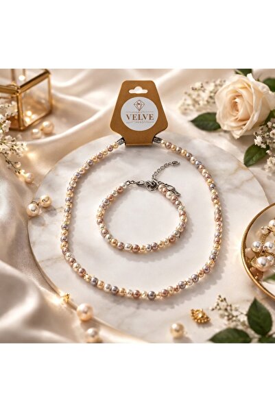 velve Set perle Mallorca, colier si bratara asortata, 4mm, Multicolor