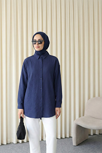 MODAQU Buttoned Oval Cut Shirt - Navy Blue