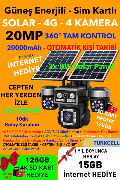 IDS 4 Kamera 20MP UltraHD Güneş Enerjili Sim Kartlı Güvenlik Kamerası 15GB İn...
