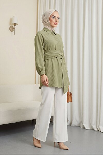 Modamorfo Belden Bağlamalı Fitlli Krinkıl Gömlek -Su Yeşili