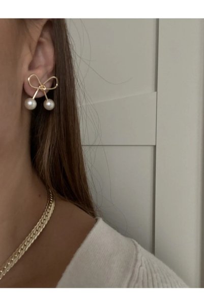 GLİTHE.CO Women's Minimal Bowknot Pearl Earrings - Vintage Style Modern Design Earrings