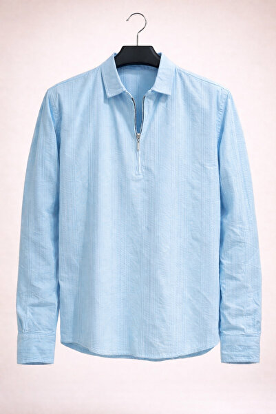 BAROS Orijinal Keten Gömlek Yarım Fermuarlı Çizgili