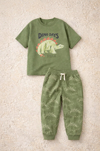 Zekalya Set de 2 piese pentru băieți, 100% bumbac, cu imprimeu Dino, tricou ș...