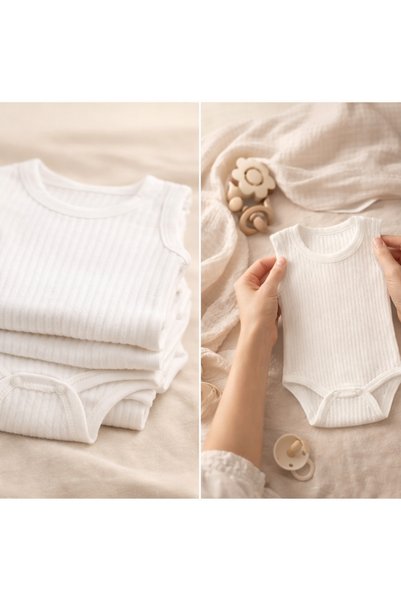 Novibaby 5-Piece Cotton Baby Undershirt Bodysuit with Snap Fasteners White, Newborn Child 0-36 Months, Flexible Fit