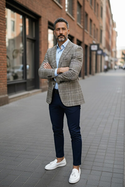 dehaine Sacou pentru barbati, slim fit, in carouri, 1041, maro