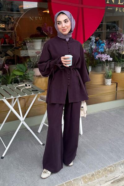 MELEK ARAZ بدلة نسائية مكونة من قطعتين بأكمام مطوية وأزرار أمامية - لون البرقوق