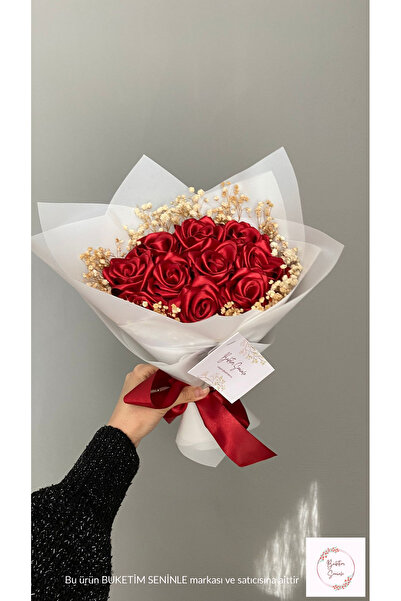Buketim Seninle باقة من 10 وردات ساتان حمراء لا تبهت مع رقائق حمراء، هدية للمعلم