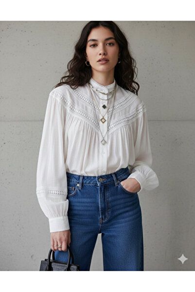 MELEK KOSTAK Kadın Beyaz Güpür Dantel Detaylı Dik Yaka Balon Kol Gömlek