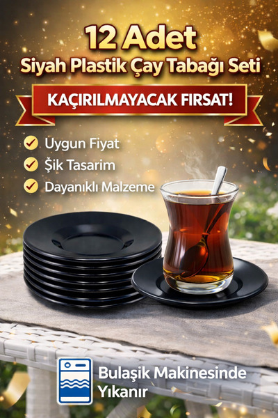 Helmax 12'li Siyah Çay Tabağı Plastik Çay Tabağı 12 Adet