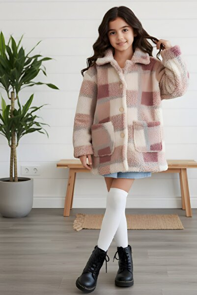 QUB CLUB Kız Çocuk Pudra Ekose Tedy Kaban