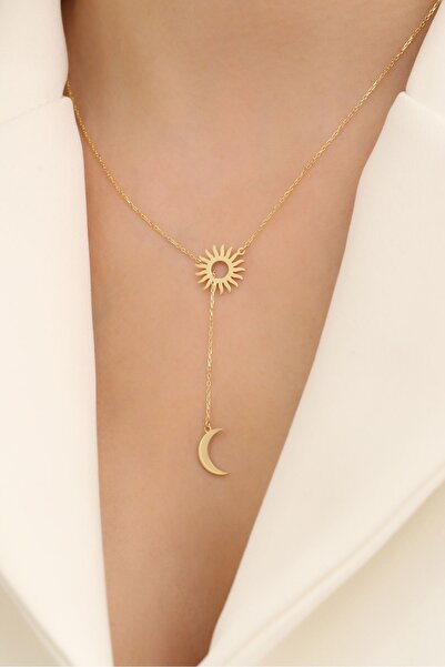 Nox Jewelry 925 Ayar Gümüş Güneş ve Hilal Kolye Gold