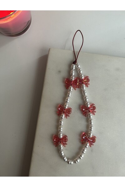 Leorat Store İnci Telefon Charmı Kırmızı Kurdeleli Telefon İpi Çanta Süsü