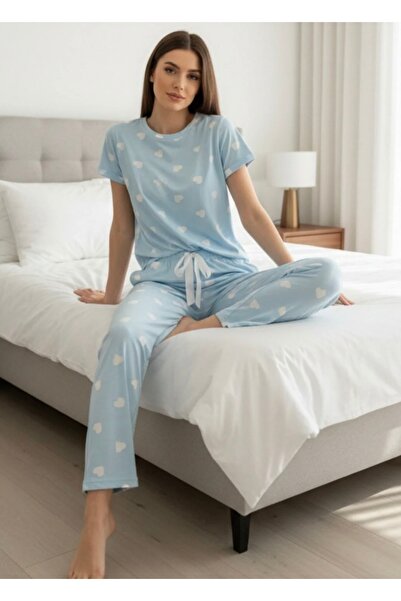 Fanwet Blue Heart Patterned Summer Knitted Short Sleeve Pajama Set