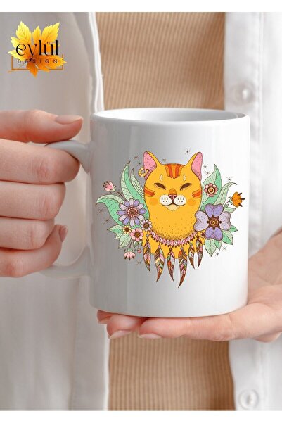 Eylül Design Floral Cat Themed Cute Special Design Printed Mug Cup Gift Cup