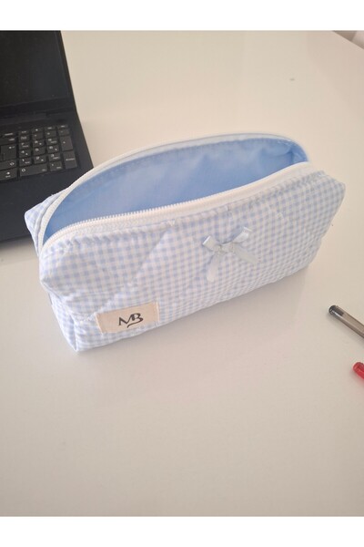 MB mavi pötikare desenli kalemlik - tek bölmeli - yıkanabilir