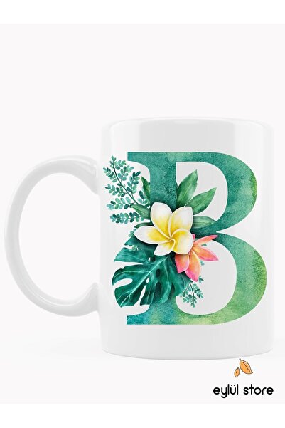 Noname Letter B Printed Blue Floral Patterned Design Mug Cup Coffee Cup