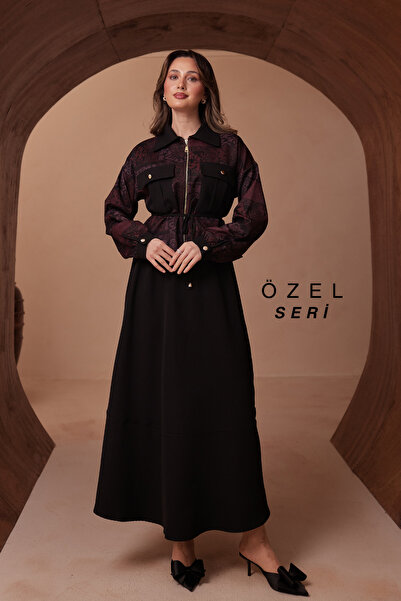 Mogi Butik Zipper Detailed Pattern Combination Double Crepe Skirted Hijab Sui...