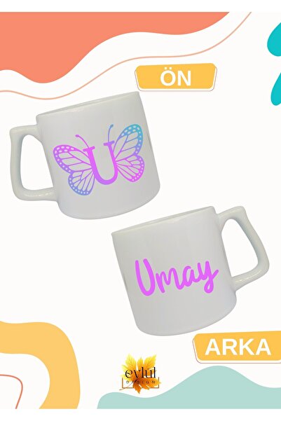 Eylül Design كوب سيراميك فاخر مطبوع عليه حرف U على شكل فراشة وكوب شاي وقهوة