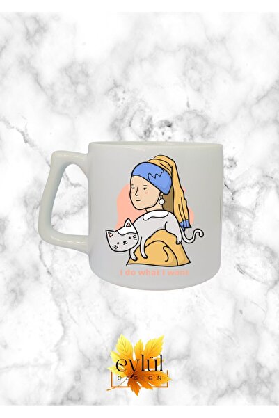 Eylül Design Art and Cats Girl with Pearl Earrings Special Design Printed Lux...