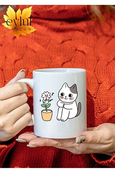 Eylül Design Flower and Cat Themed Cute Special Design Printed Mug Cup Gift Cup