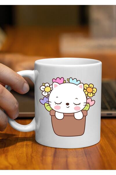 Eylül Design Floral Cat Themed Cute Special Design Printed Mug Cup Gift Cup