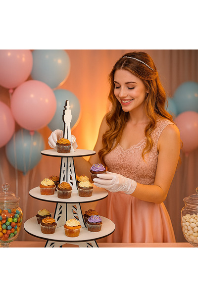 OEM Suport prajituri si briose 3 etaje demontabil, model Turn Eiffel din lemn...