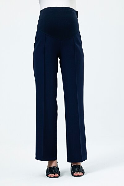 KATLİN MATERNİTY WEAR بنطلون قماش أزرق داكن واسع الساق للحوامل مع خصر قابل لل...