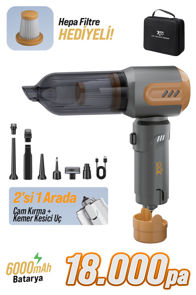 7GO AHV-14 2'si 1 Arada Kablosuz Araç İçi Süpürge Turuncu | 18000PA Güçlü Vak...