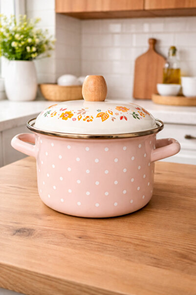 ALEV EMAYE 16 cm 1,5 Litre Emaye derin yemek pişirme Tenceresi-ahşap kulplu