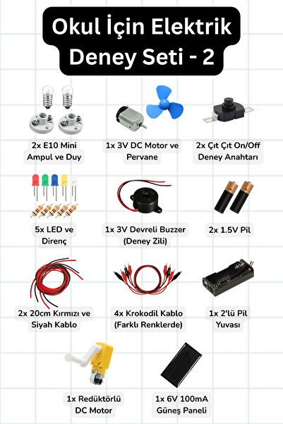 Scordion Okul İçin Elektrik Deney Seti 2 – STEM, Devre, Motor ve Güneş Paneli...