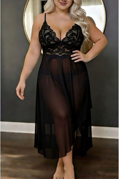 ANWELLA Plus Size Long Lycra Transparent Sexy Tulle Nightgown