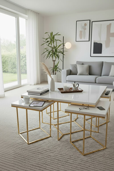 usta mekan Monza 5 li Gold Beyaz 4+1 Kare Orta Sehpa