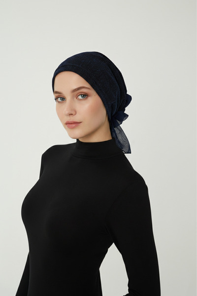elysianfidan Luxury Nova Navy Blue Ready-To-Wear Turban Hijab with Chiffon Detail on the Back, Suitable for Medical Use