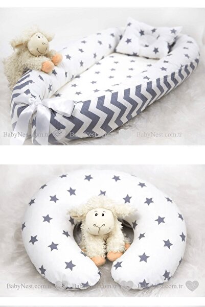 Babynest Mattress + Orthopedic Pillow + Breastfeeding Pillow Gray Star and Gr...