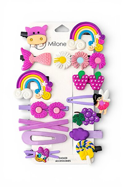 SHEKER HOME Kız Çocuk & Bebek Lila Pens/Çıtçıt Toka Seti 14 Adet – Karışık Sa...